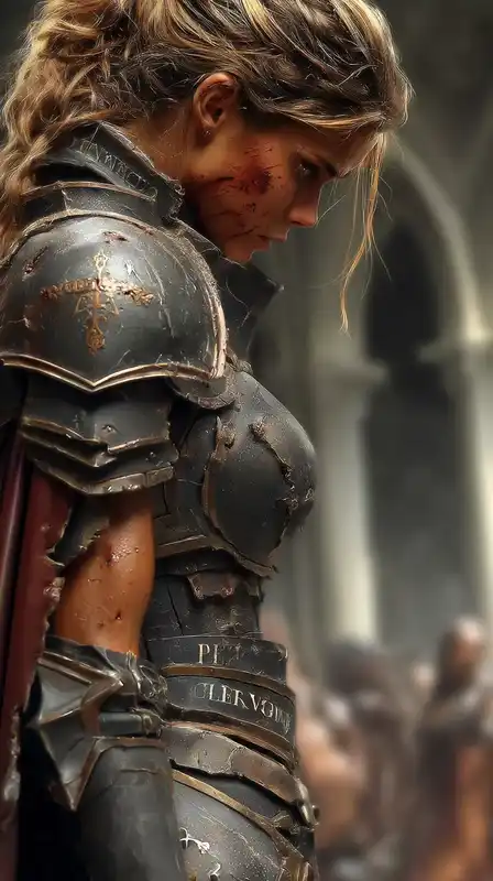 Portrait of a female dark knight with battle-scarred armor and a torn cape, lit by torchlight inside a crumbling gothic cathedral, ancient runes etched into her armor glowing faintly