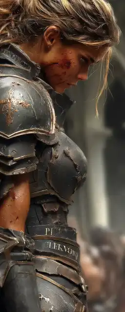 Portrait of a female dark knight with battle-scarred armor and a torn cape, lit by torchlight inside a crumbling gothic cathedral, ancient runes etched into her armor glowing faintly