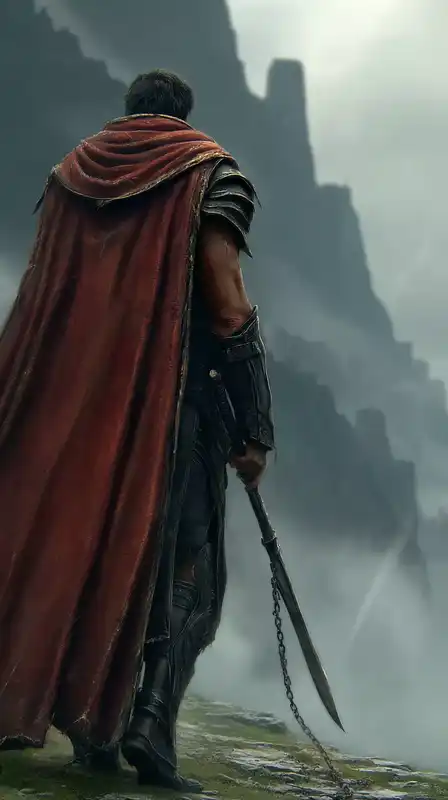 A cursed warrior standing alone on a cliff under a stormy sky, a massive chained axe dragging behind him, wind pulling at his cloak, distant ruins barely visible in fog