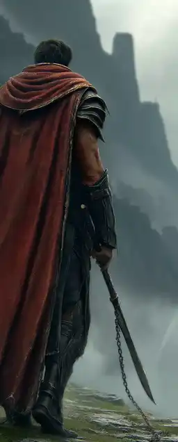 A cursed warrior standing alone on a cliff under a stormy sky, a massive chained axe dragging behind him, wind pulling at his cloak, distant ruins barely visible in fog