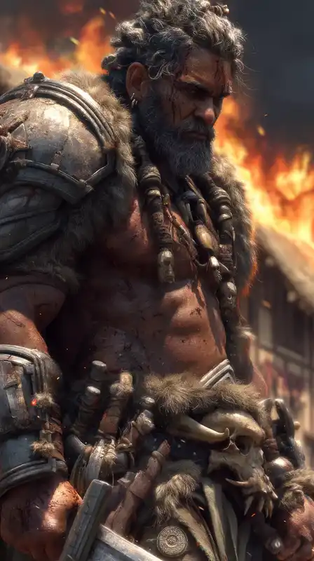 A hulking barbarian knight surrounded by fire and shadow, fur-lined armor and bone ornaments, burning village behind him, jaw clenched and covered in blood and ash