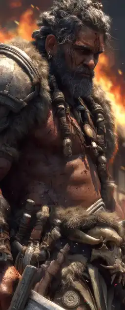 A hulking barbarian knight surrounded by fire and shadow, fur-lined armor and bone ornaments, burning village behind him, jaw clenched and covered in blood and ash