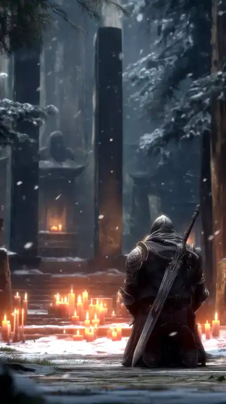 A lone warrior praying at a shrine built from old swords, his face obscured by a cracked helm, glowing candles surrounding him, snow falling slowly over a bleak winter forest