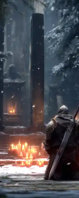 A lone warrior praying at a shrine built from old swords, his face obscured by a cracked helm, glowing candles surrounding him, snow falling slowly over a bleak winter forest