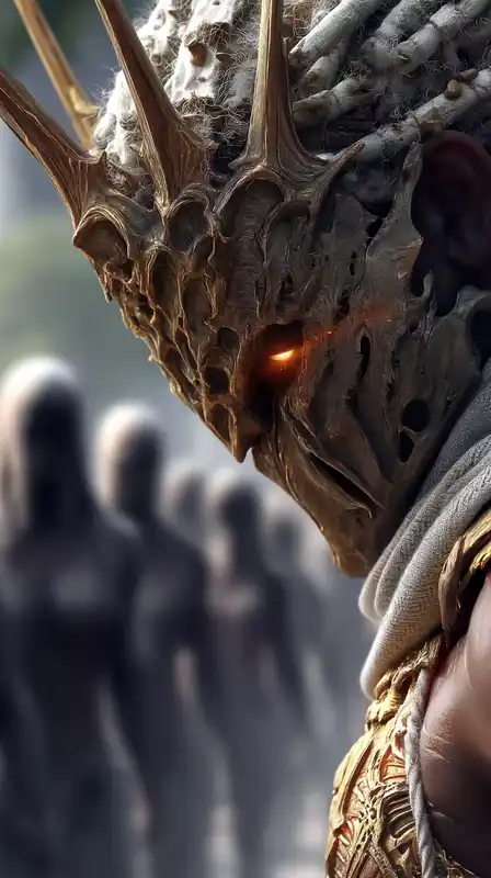 Close-up of a haunted warrior king with a crown of thorns and decayed gold armor, eyes glowing with dark magic, background filled with misty silhouettes of ancient spirits