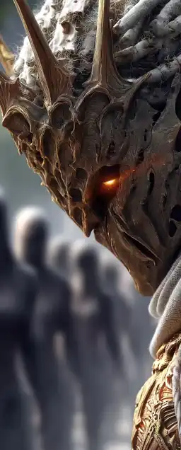 Close-up of a haunted warrior king with a crown of thorns and decayed gold armor, eyes glowing with dark magic, background filled with misty silhouettes of ancient spirits