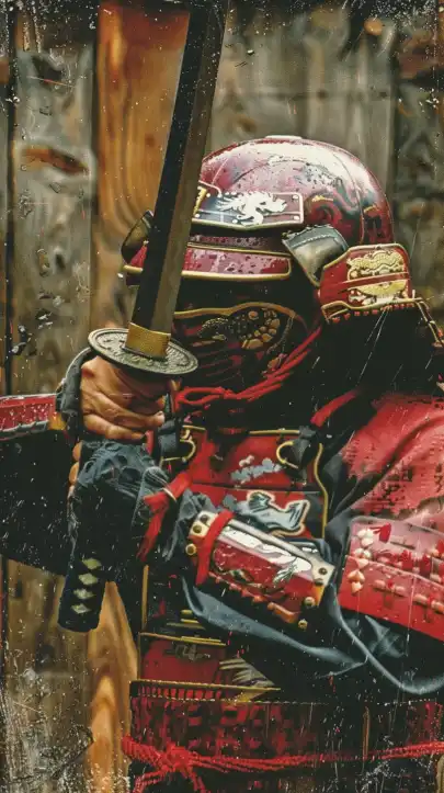 a japanese samurai swinging his katana towards the camera