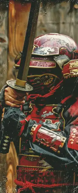 a japanese samurai swinging his katana towards the camera