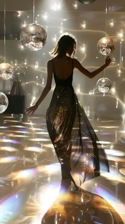 a woman dancing on the dance floor, lights reflecting from a disco ball