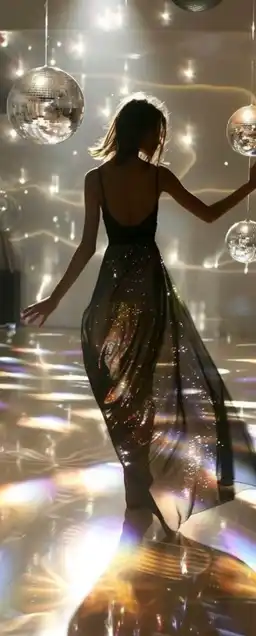a woman dancing on the dance floor, lights reflecting from a disco ball
