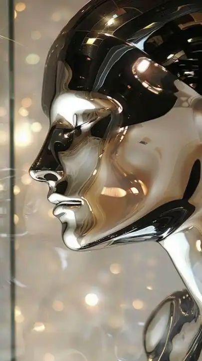 close up shot of an shiny silver robot