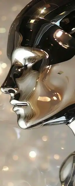 close up shot of an shiny silver robot