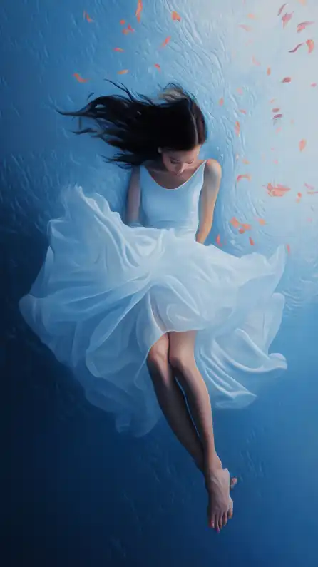 a fashion shoot of a girl sleeping under water