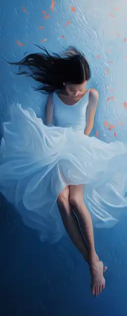 a fashion shoot of a girl sleeping under water