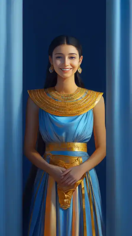 a egyptian female pharao in a classic dress with golden accents smiling