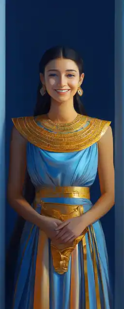 a egyptian female pharao in a classic dress with golden accents smiling