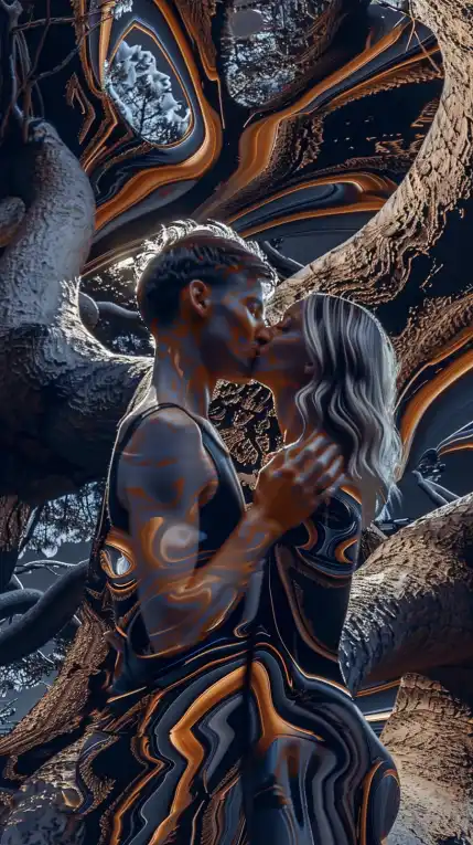 a couple kissing and hugging in front of a huge tree