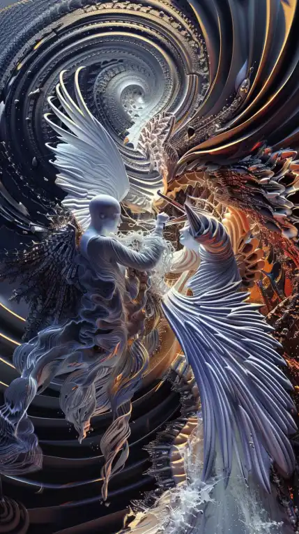 3d abstract of an angel fighting the devil in the sky