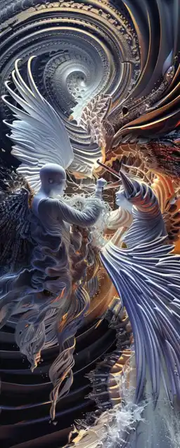 3d abstract of an angel fighting the devil in the sky