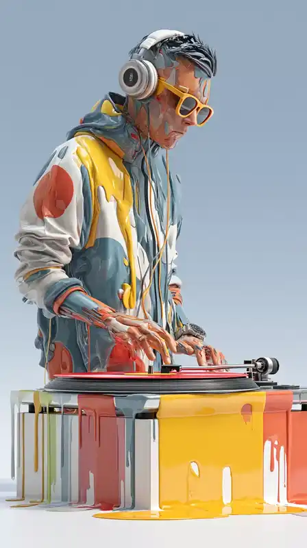 A cyberpunk DJ with a glitching face spinning vinyl on a levitating neon turntable, candy-colored cityscape melting in the background, laser beams pulsing from his shades