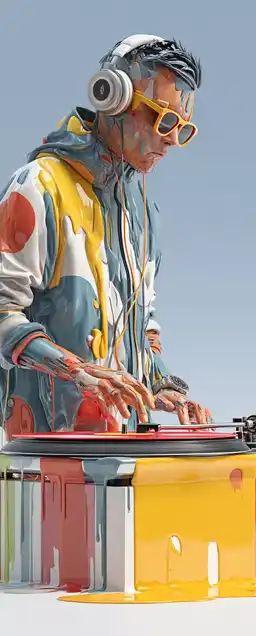 A cyberpunk DJ with a glitching face spinning vinyl on a levitating neon turntable, candy-colored cityscape melting in the background, laser beams pulsing from his shades