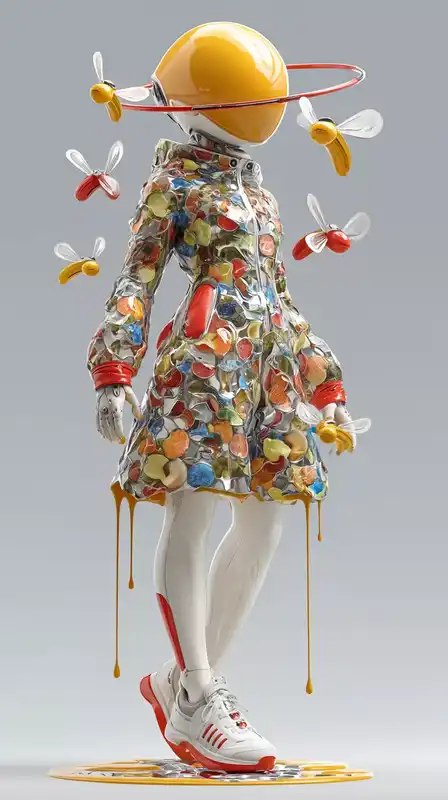A floating android wearing a suit made of holographic fruit textures, surrounded by flying emojis, banana-shaped drones orbiting her head, chrome rain dripping from the sky