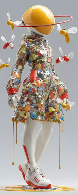 A floating android wearing a suit made of holographic fruit textures, surrounded by flying emojis, banana-shaped drones orbiting her head, chrome rain dripping from the sky