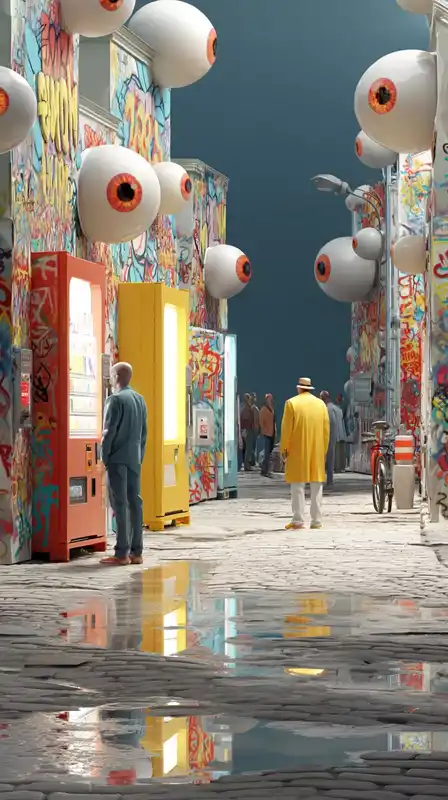 Surreal street scene with vending machines that sell dreams, eyeballs in the sky watching citizens made of bubblegum and pixels, graffiti glowing like LED