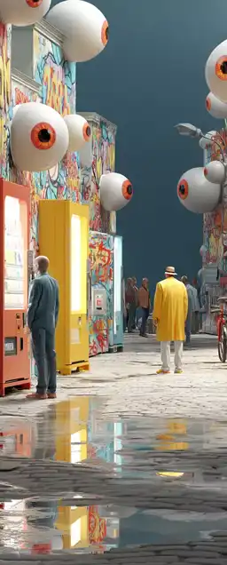 Surreal street scene with vending machines that sell dreams, eyeballs in the sky watching citizens made of bubblegum and pixels, graffiti glowing like LED