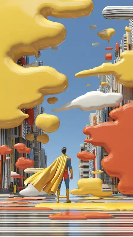 A pop art superhero standing in a collapsing comic panel, cape made of barcode lines, speech bubbles floating mid-air, city behind him stuck in glitch-loop
