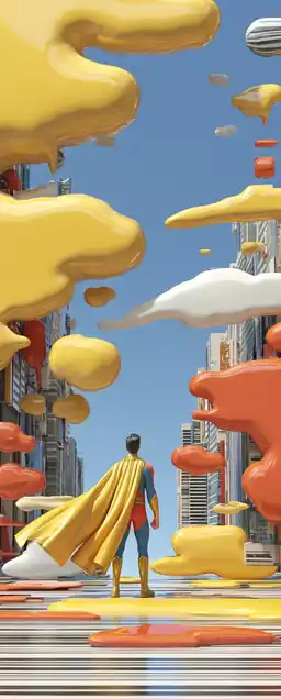 A pop art superhero standing in a collapsing comic panel, cape made of barcode lines, speech bubbles floating mid-air, city behind him stuck in glitch-loop