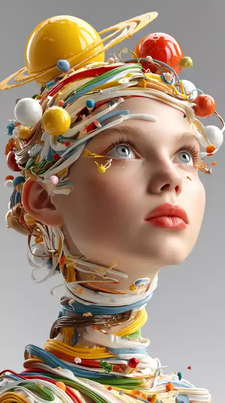 Portrait of a woman with rainbow circuitry for hair, oversized lips, floating makeup products orbiting her head like moons, static noise pouring from her eyes