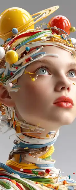 Portrait of a woman with rainbow circuitry for hair, oversized lips, floating makeup products orbiting her head like moons, static noise pouring from her eyes