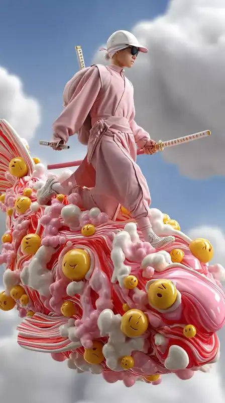 A pastel-pink samurai riding a digital koi fish across a liquid skyline, clouds shaped like hands reaching toward them, emojis raining from above