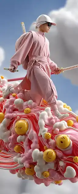 A pastel-pink samurai riding a digital koi fish across a liquid skyline, clouds shaped like hands reaching toward them, emojis raining from above