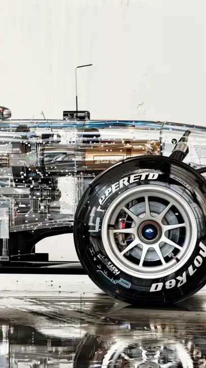 A futuristic translucent Formula 1 car, displaying its advanced aerodynamics, suspension system and power unit, isolated on a white background with subtle light reflections, translucent, transparent, side view, high resolution
