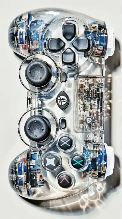 A futuristic translucent gaming console, displaying its advanced electronics and controler, isolated on a white background with subtle light reflections, translucent, transparent, side view, high resolution
