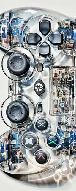 A futuristic translucent gaming console, displaying its advanced electronics and controler, isolated on a white background with subtle light reflections, translucent, transparent, side view, high resolution