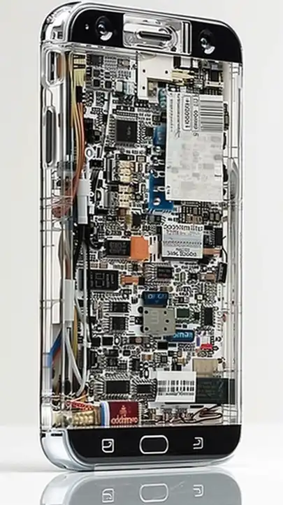 A futuristic translucent smartphone, displaying its advanced electronics, display and battery unit, isolated on a white background with subtle light reflections, translucent, transparent, side view, high resolution