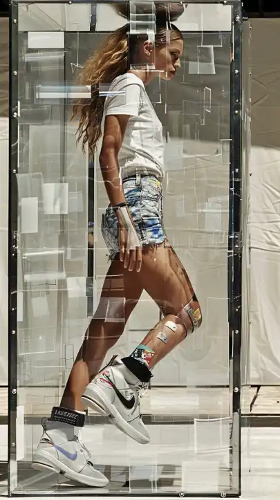 A fashion shoot of a female model inside a translucent labyrinth, isolated on a white background with subtle light reflections, translucent, transparent, side view, high resolution