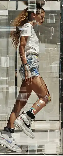 A fashion shoot of a female model inside a translucent labyrinth, isolated on a white background with subtle light reflections, translucent, transparent, side view, high resolution