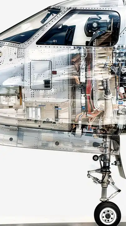 A futuristic translucent fighter jet, displaying its advanced electronics and turbine, isolated on a white background with subtle light reflections, translucent, transparent, side view, high resolution