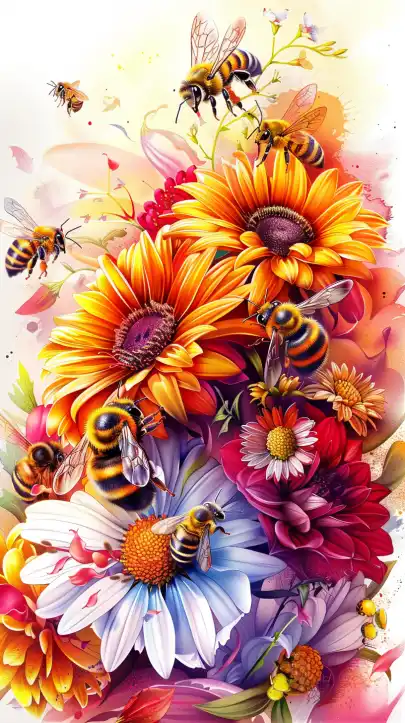 a large bouquet with colorful flowers, honey bees sitting on the flowers and flying around