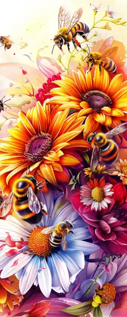 a large bouquet with colorful flowers, honey bees sitting on the flowers and flying around
