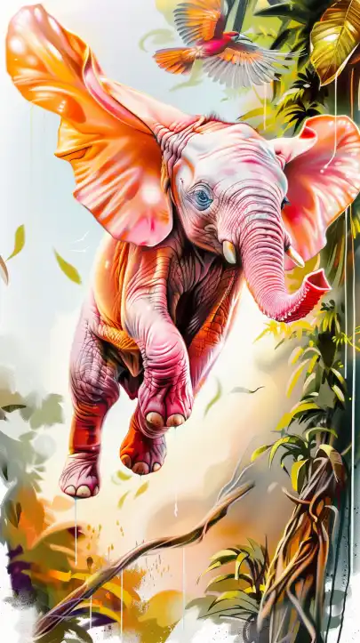 a pink elefant flying over the amazonas rainforrest