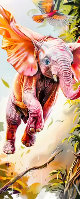 a pink elefant flying over the amazonas rainforrest