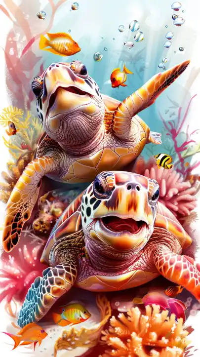 two small turtles happy smiling and swiming at the big colorful reef, the reef is filled with small fish and colorful ocean plants