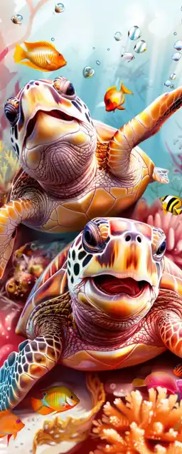 two small turtles happy smiling and swiming at the big colorful reef, the reef is filled with small fish and colorful ocean plants