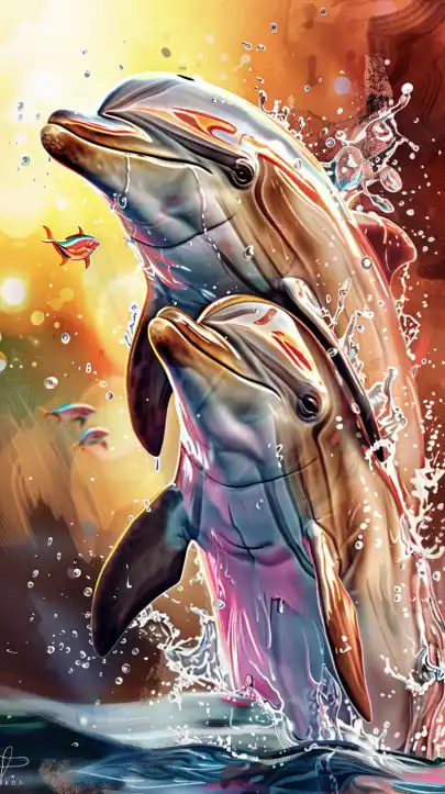 dolphins jumping out of the water at sunset