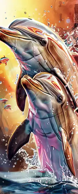 dolphins jumping out of the water at sunset